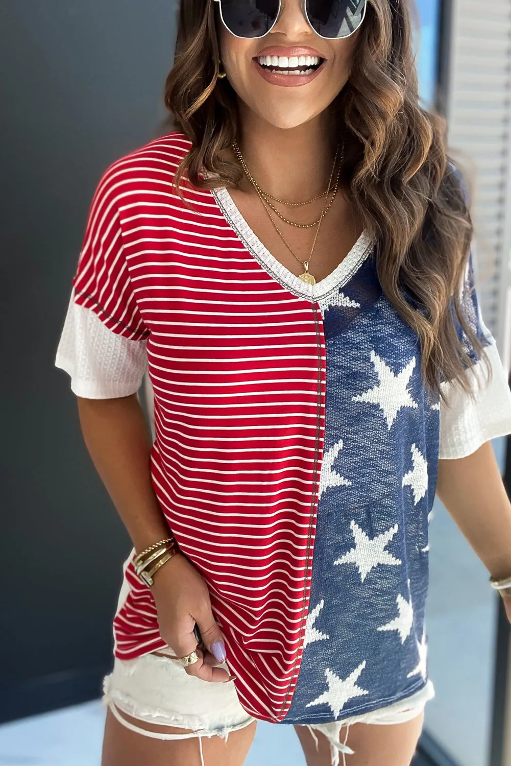 Multicolor Stripes Stars Print Knit Short Sleeves Top