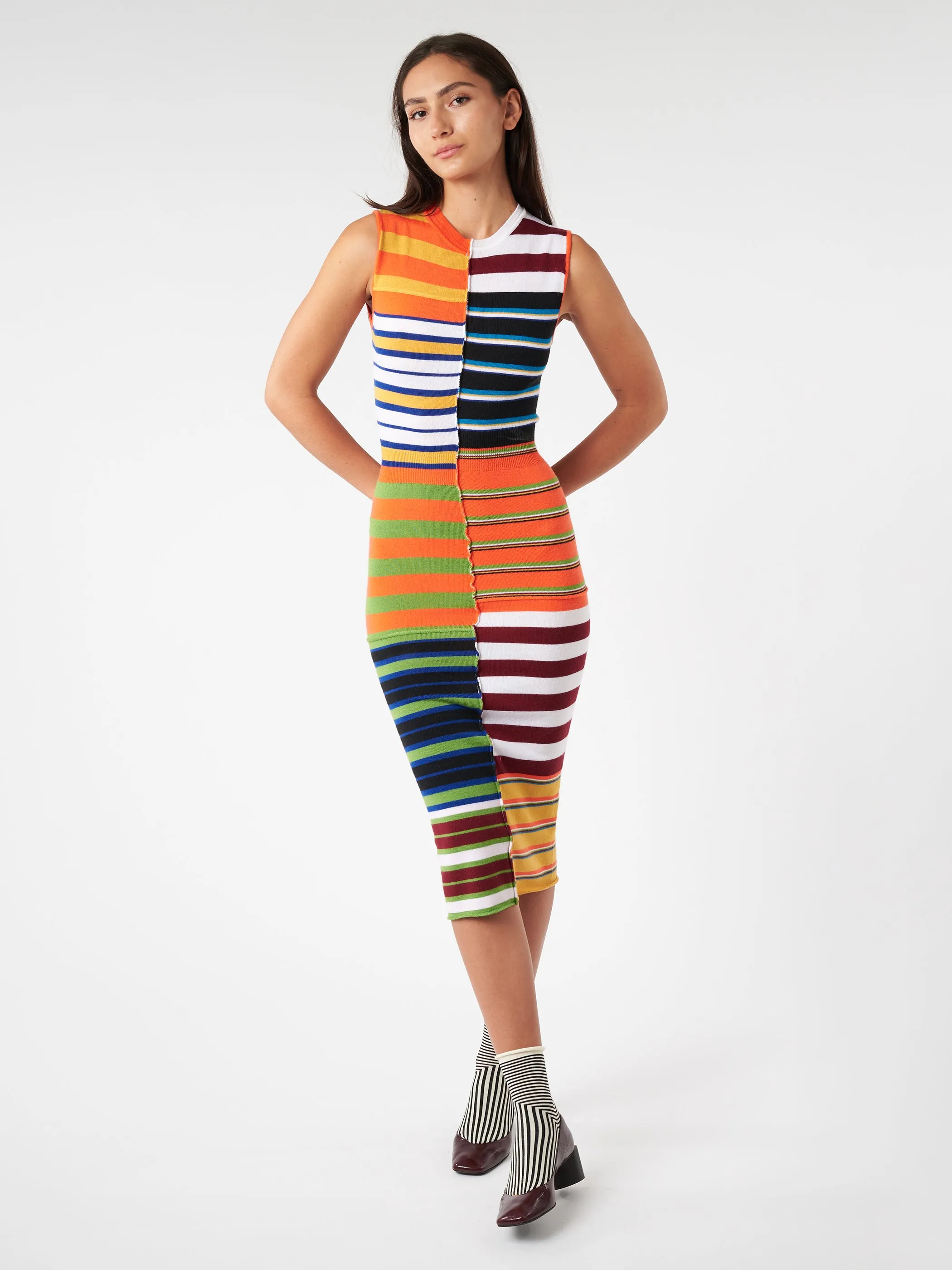 Multicoloured Knit Dress With Patchwork Stripes