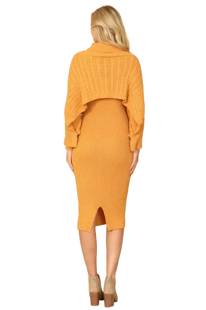 Mustard Plus Size Ribbed Sleeve Shawl n Sweater Dress Set - Pack of 6