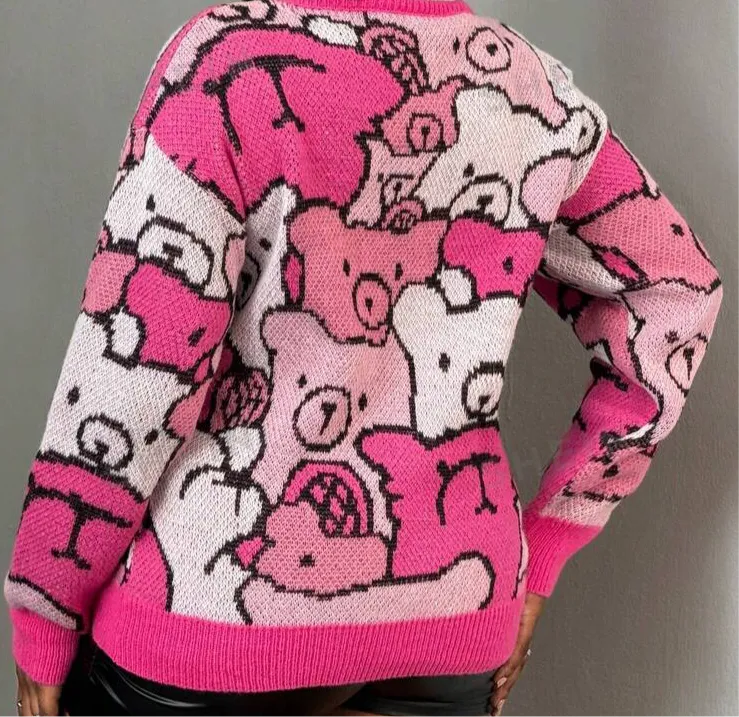 MY FAVORITE TEDDY BEAR PRINT CARDIGAN- PINK MULTI