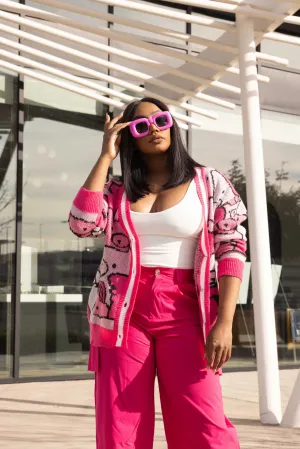 MY FAVORITE TEDDY BEAR PRINT CARDIGAN- PINK MULTI