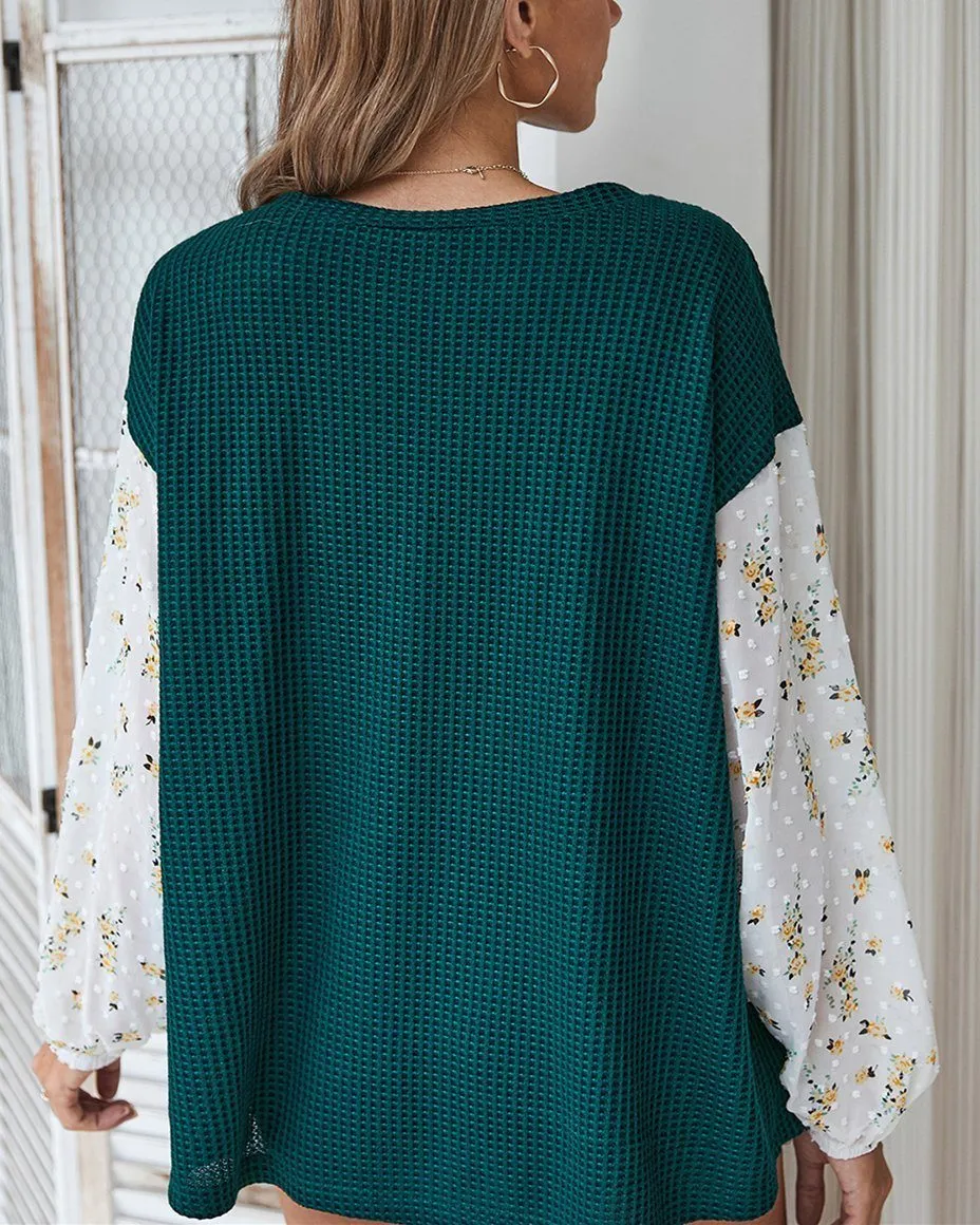 Nancie Rusty Floral Colorblock Knitted T-shirt - Blackish Green