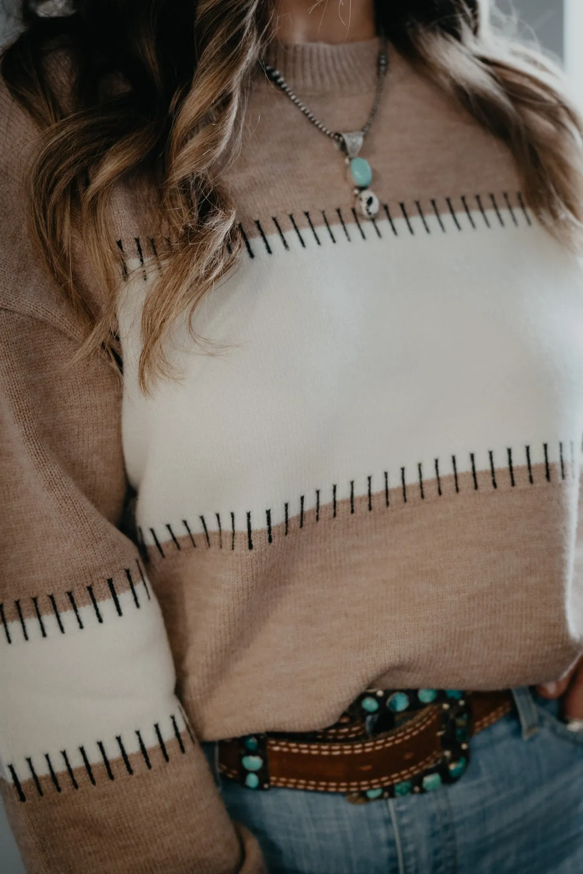 'Nattie' Colour Block Stitch Crew Neck Sweater (Sizes S-L)