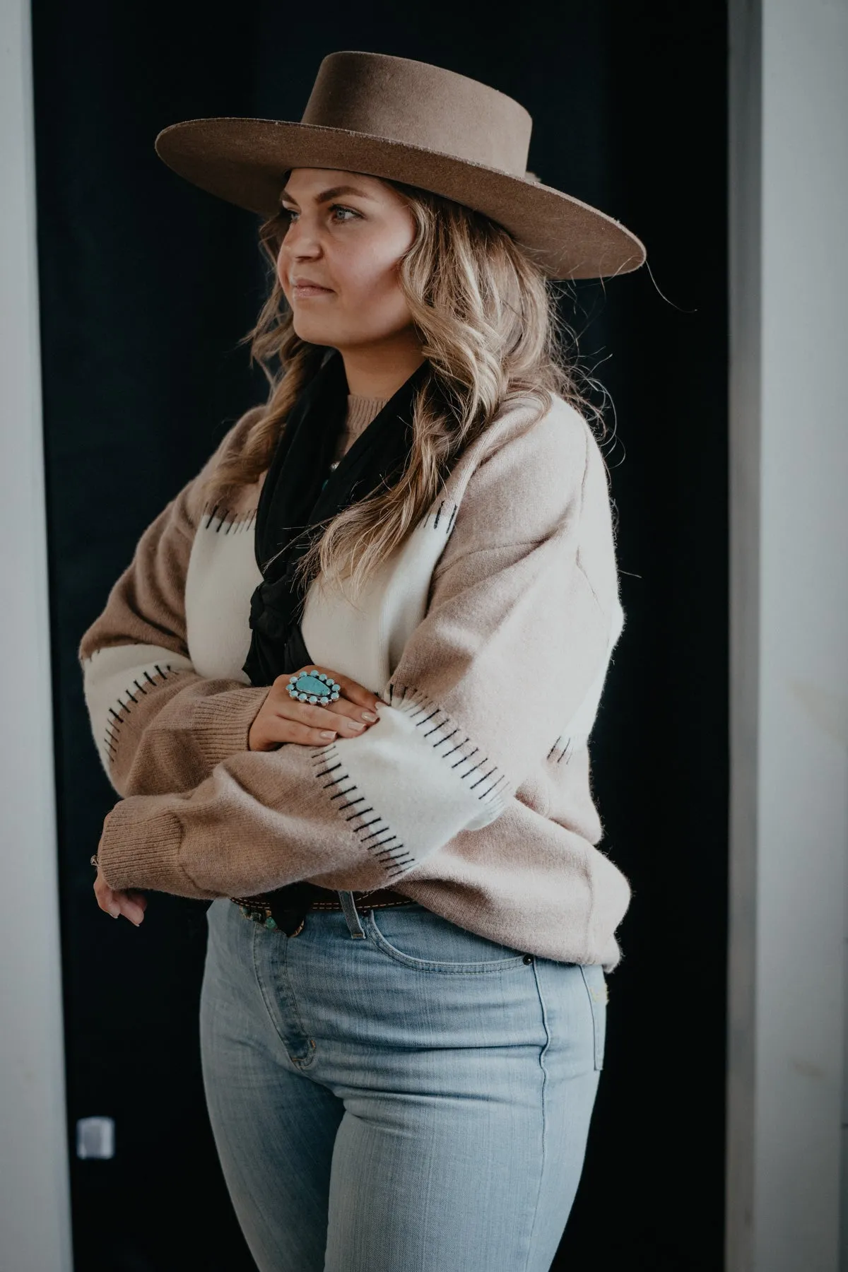 'Nattie' Colour Block Stitch Crew Neck Sweater (Sizes S-L)