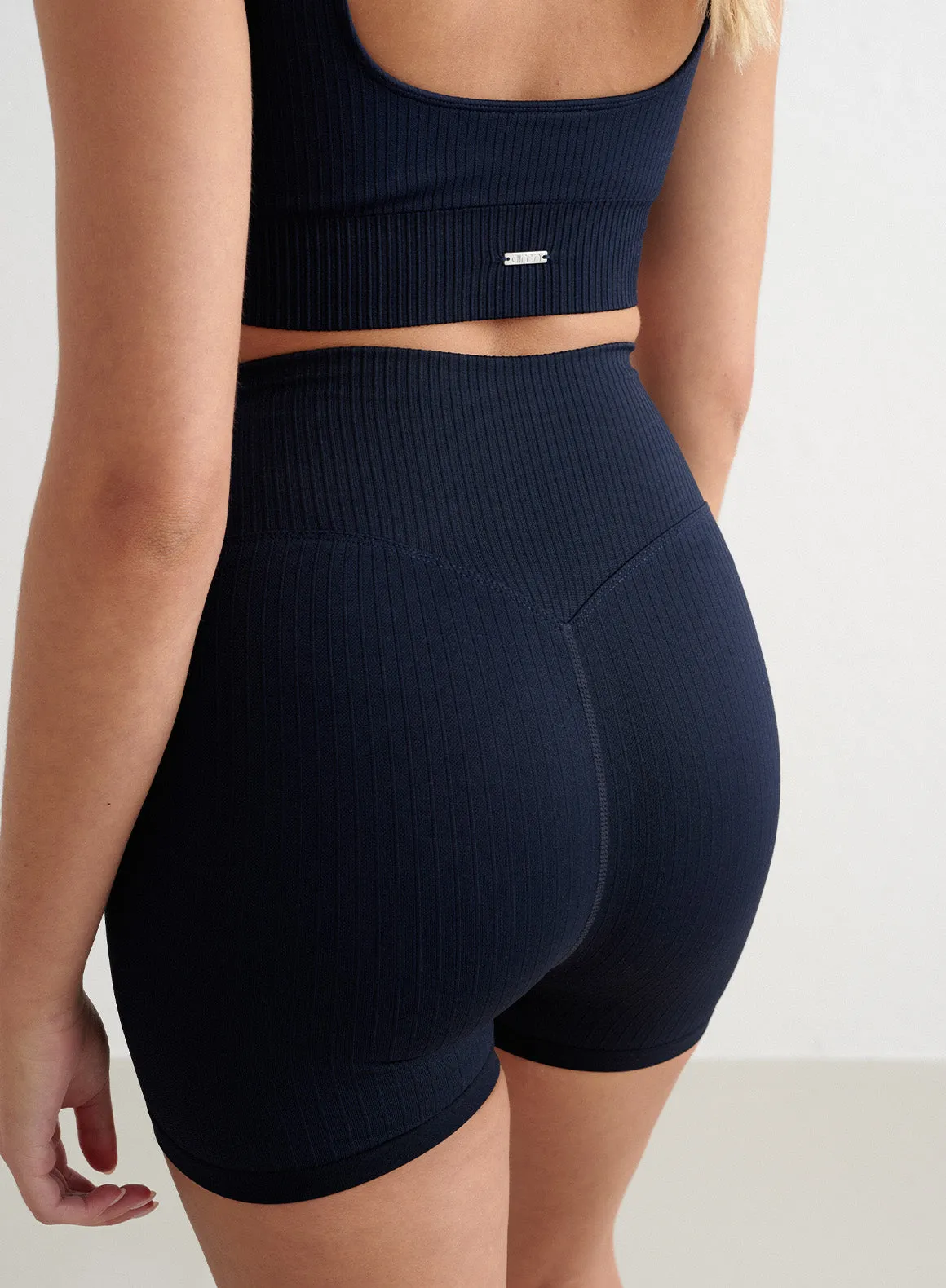 Navy Ribbed Midi Biker Shorts