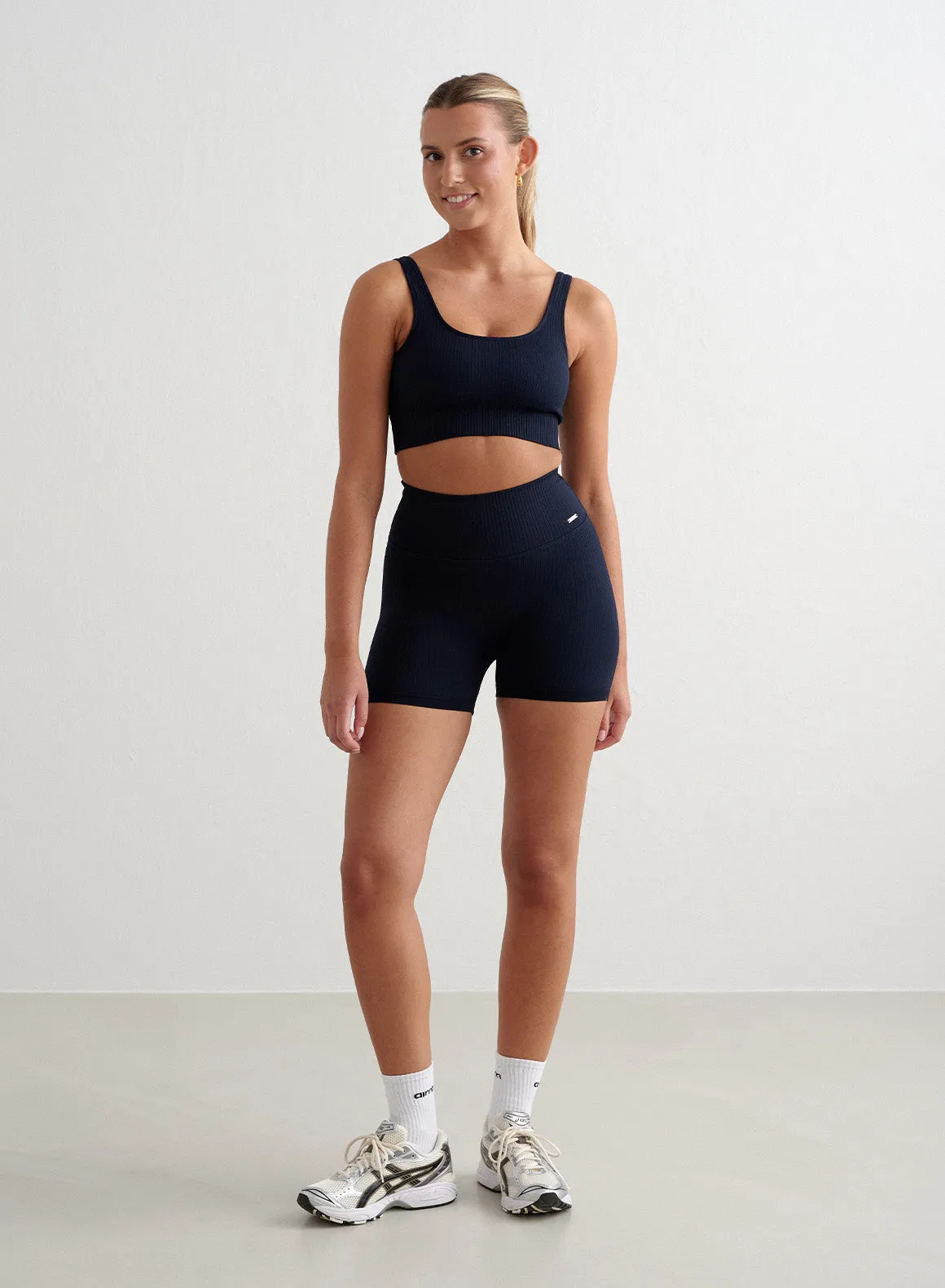 Navy Ribbed Midi Biker Shorts