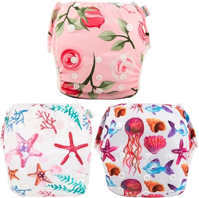 New 3 PACK Babygoal Baby Reusable Swim Diapers,Washable and Adjustable Snaps Grow with your child for Babies 0-3 Years, Great for Swim Lessons, Pool or Beach! Jellyfish! Retails $22 