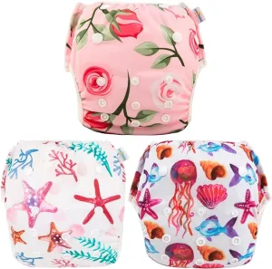 New 3 PACK Babygoal Baby Reusable Swim Diapers,Washable and Adjustable Snaps Grow with your child for Babies 0-3 Years, Great for Swim Lessons, Pool or Beach! Jellyfish! Retails $22 