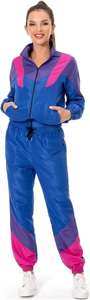 NEW 80s Outfits for Women 2 Piece Tracksuit Costume Color Block Windbreaker Jacket Pants Hip Hop Sportswear, Dark Blue, Sz L, Retails $50