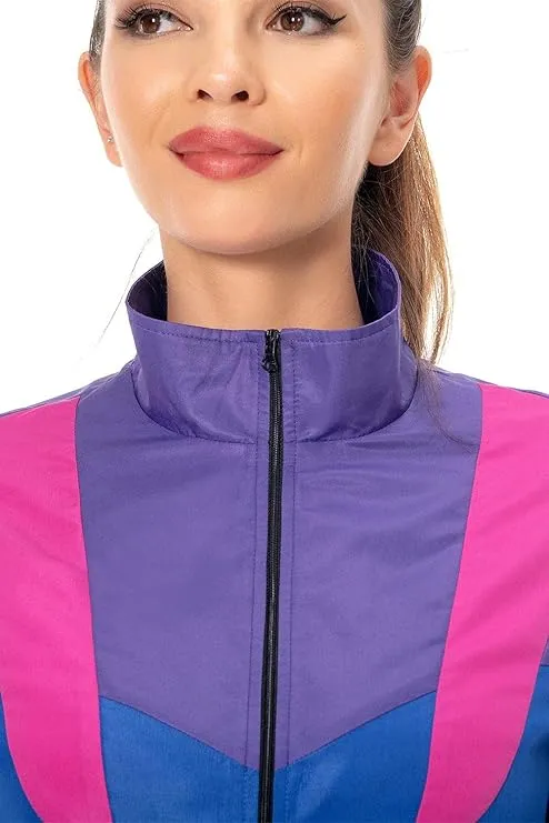 NEW 80s Outfits for Women 2 Piece Tracksuit Costume Color Block Windbreaker Jacket Pants Hip Hop Sportswear, Dark Blue, Sz L, Retails $50