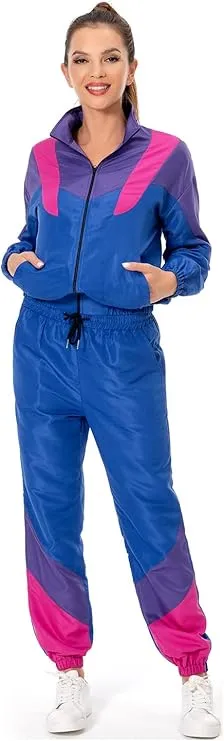 NEW 80s Outfits for Women 2 Piece Tracksuit Costume Color Block Windbreaker Jacket Pants Hip Hop Sportswear, Dark Blue, Sz L, Retails $50
