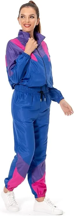 NEW 80s Outfits for Women 2 Piece Tracksuit Costume Color Block Windbreaker Jacket Pants Hip Hop Sportswear, Dark Blue, Sz L, Retails $50