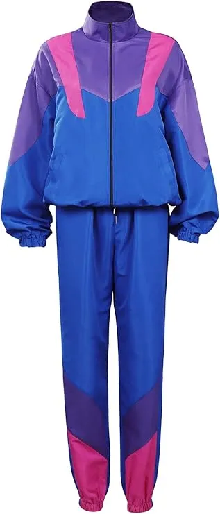 NEW 80s Outfits for Women 2 Piece Tracksuit Costume Color Block Windbreaker Jacket Pants Hip Hop Sportswear, Dark Blue, Sz L, Retails $50