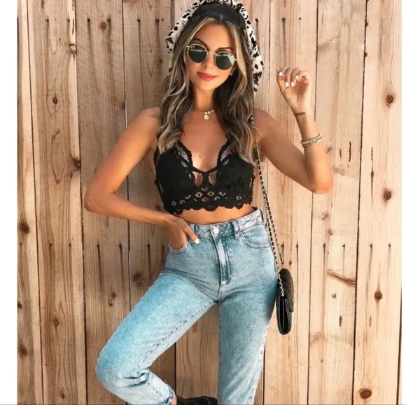 NEW Boho Strappy Crochet Lace Halter Bralette Black