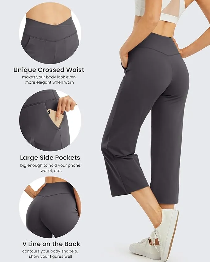 New G4Free Wide Leg Capri Pants for Women Yoga Dress Pants with Pockets Workout Crop Pants Dark Grey Sz L! Retails $44 