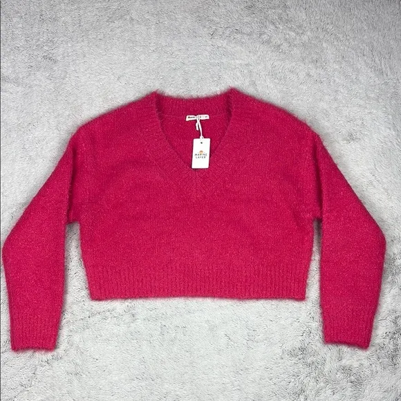 NEW Marine Layer Teddy Eyelash V-Neck Sweater Raspberry Cropped Womens XS