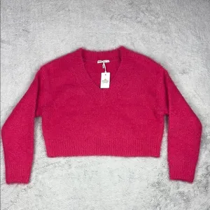 NEW Marine Layer Teddy Eyelash V-Neck Sweater Raspberry Cropped Womens XS