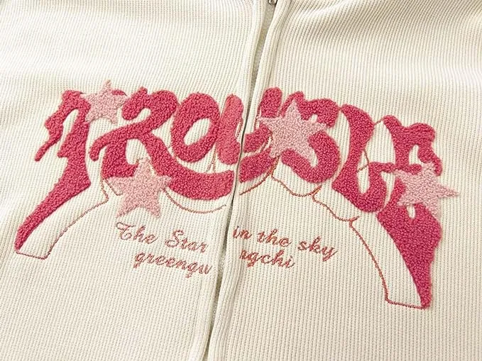 NEW Women's Summedo Women Y2K Grey Star Graphic Hoodie Vintage Grunge Jacket Harajuku Zip Up Hooded Sweatshirt Goth Clothing Emo Alt Clothes - Size L