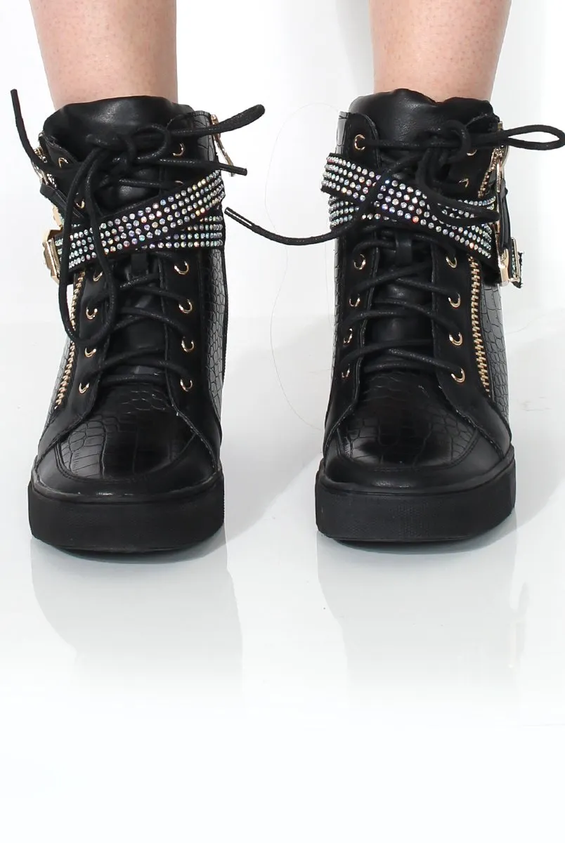 Nixie Black Snakeskin Diamante Wedged Trainers
