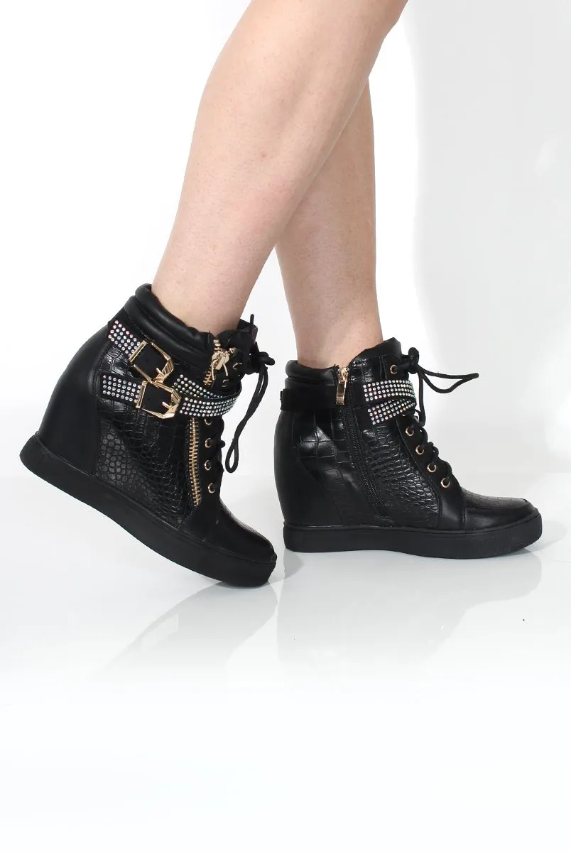 Nixie Black Snakeskin Diamante Wedged Trainers