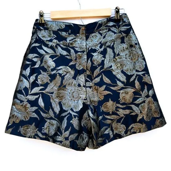 NWT Walter Baker NAvy BLue Silver Gold Taylor Short Camellia Brocade Jacquard