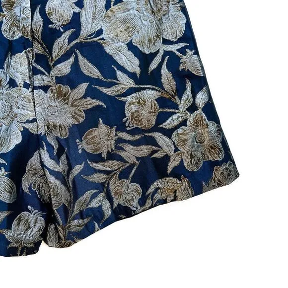 NWT Walter Baker NAvy BLue Silver Gold Taylor Short Camellia Brocade Jacquard