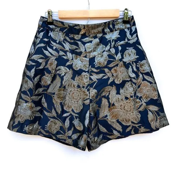 NWT Walter Baker NAvy BLue Silver Gold Taylor Short Camellia Brocade Jacquard