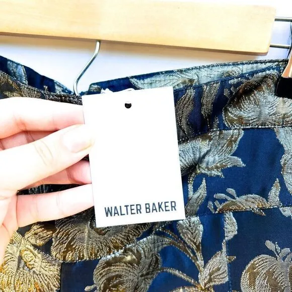 NWT Walter Baker NAvy BLue Silver Gold Taylor Short Camellia Brocade Jacquard