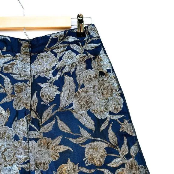 NWT Walter Baker NAvy BLue Silver Gold Taylor Short Camellia Brocade Jacquard