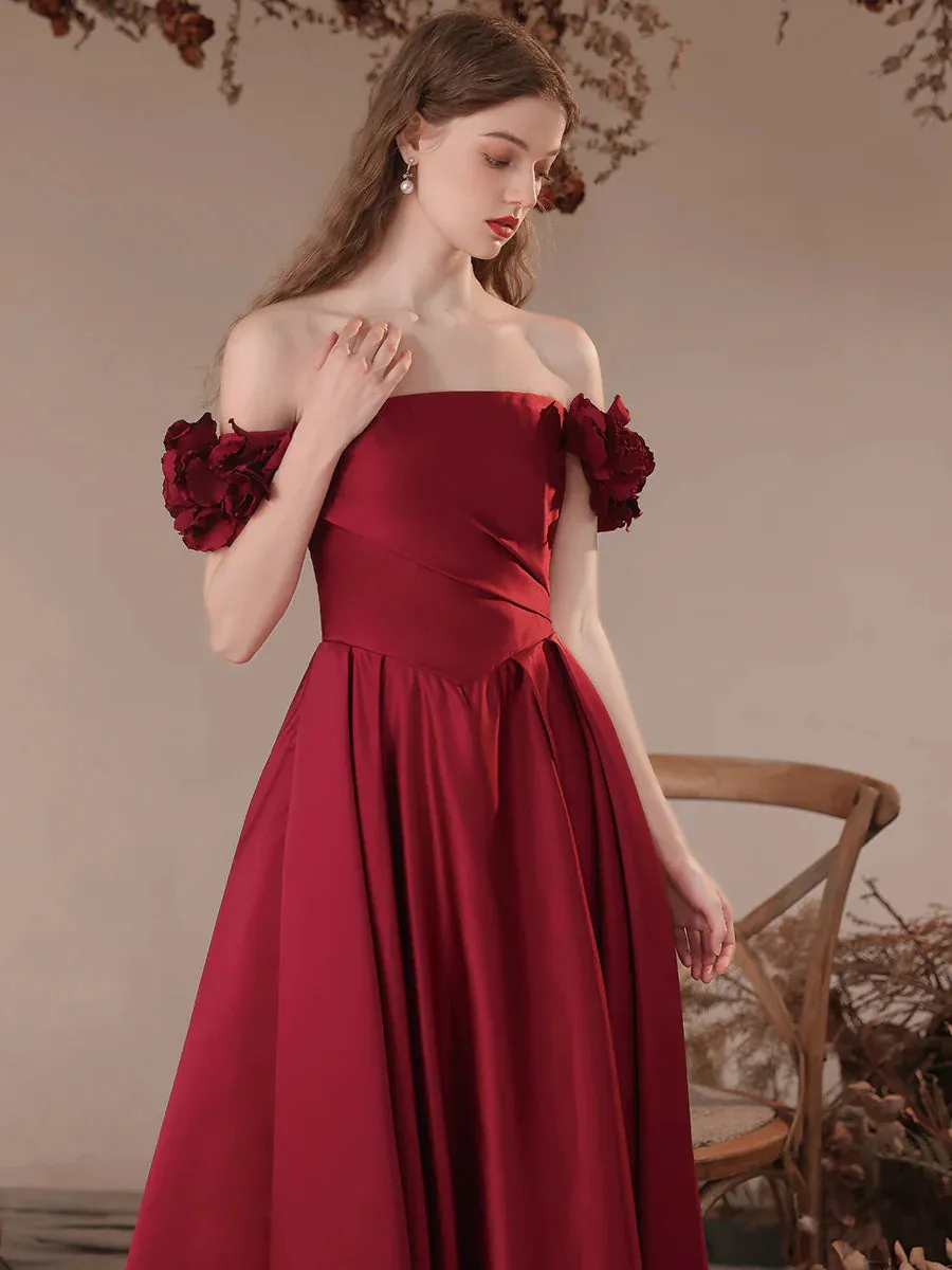 Off Shoulder A Line Burgundy Satin Long Prom Dresses, Burgundy Formal Evening Dresses