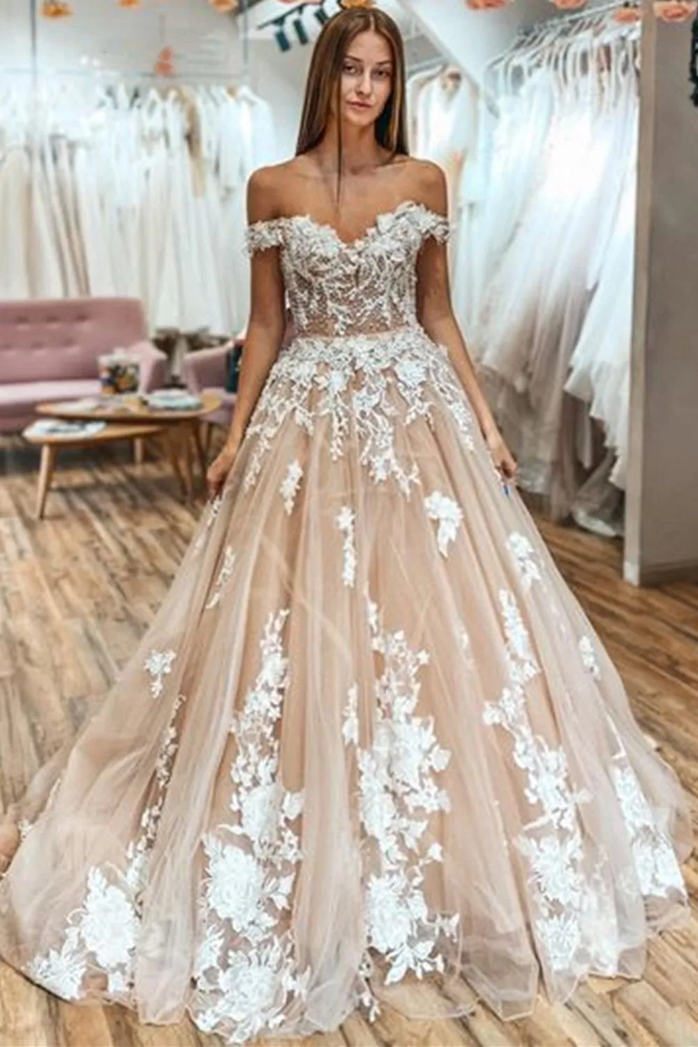 Off Shoulder Beaded Champagne Lace Long Prom Wedding Dress, Off the Shoulder Champagne Formal Dress, Champagne Lace Evening Dress A1269