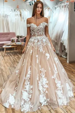 Off Shoulder Beaded Champagne Lace Long Prom Wedding Dress, Off the Shoulder Champagne Formal Dress, Champagne Lace Evening Dress A1269
