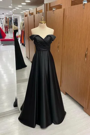 Off Shoulder Black Satin Long Prom Dress, Long Black Formal Graduation Evening Dress A1699