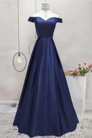 Off Shoulder Blue Satin Long Prom Dress, Off Shoulder Blue Formal Dress, Blue Evening Dress