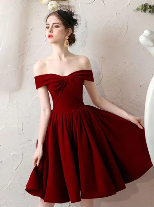 Off Shoulder Burgundy Short Prom Dresses, Off The Shoulder Burgundy Formal Graduation Homecoming Evening Dresses