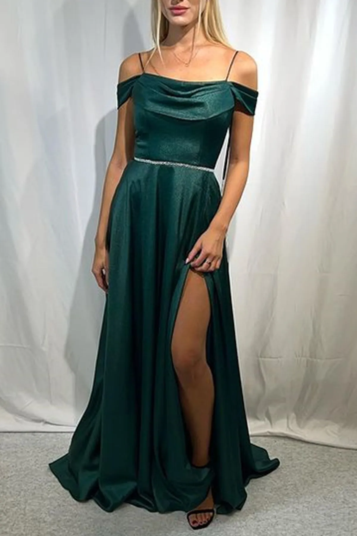 Off Shoulder Dark Green Long Prom Dress with High Slit, Green Formal Graduation Evening Dress with Belt A1730