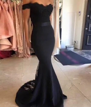 Off Shoulder Mermaid Black Lace Prom Dresses, Black Lace Bridesmaid Dresses