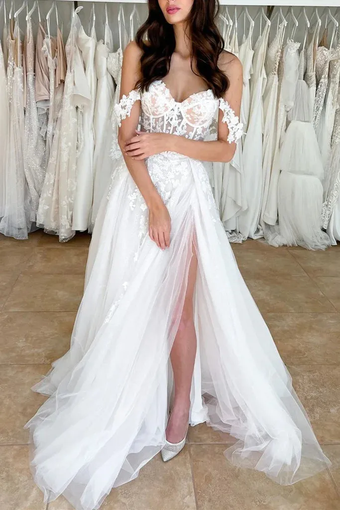 Off Shoulder White Lace Long Prom Dress with High Slit, Ivory Lace Formal Evening Dress, White Lace Wedding Dress