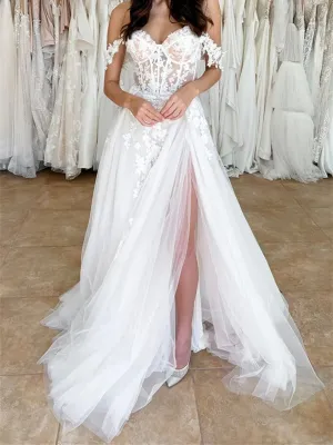 Off Shoulder White Lace Long Prom Dress with High Slit, Ivory Lace Formal Evening Dress, White Lace Wedding Dress