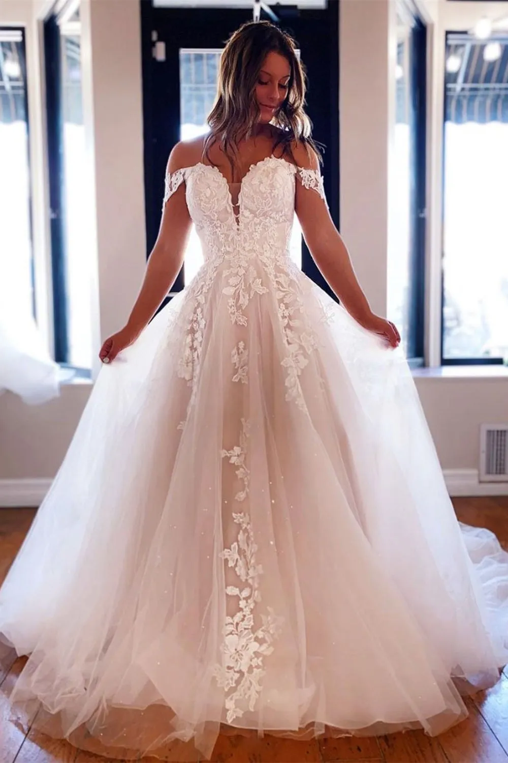 Off the Shoulder Light Champagne Lace Long Prom Wedding Dress, Off Shoulder Champagne Lace Formal Evening Dress A1320