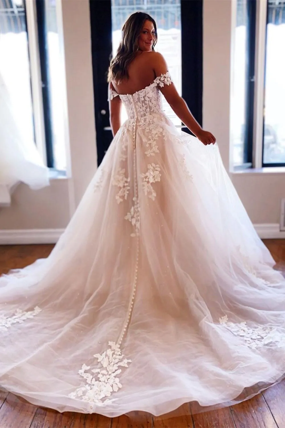 Off the Shoulder Light Champagne Lace Long Prom Wedding Dress, Off Shoulder Champagne Lace Formal Evening Dress A1320