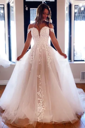Off the Shoulder Light Champagne Lace Long Prom Wedding Dress, Off Shoulder Champagne Lace Formal Evening Dress A1320
