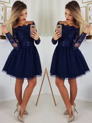 Off the Shoulder Long Sleeves Lace Navy Blue Short Prom Dresses Homecoming Dresses, Long Sleeves Blue Formal Graduation Evening Dresses