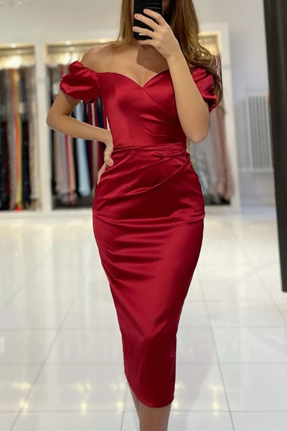 Off the Shoulder Mermaid Tea Length Burgundy Prom Dress, Off Shoulder Wine Red Formal Evening Homecoming Dress