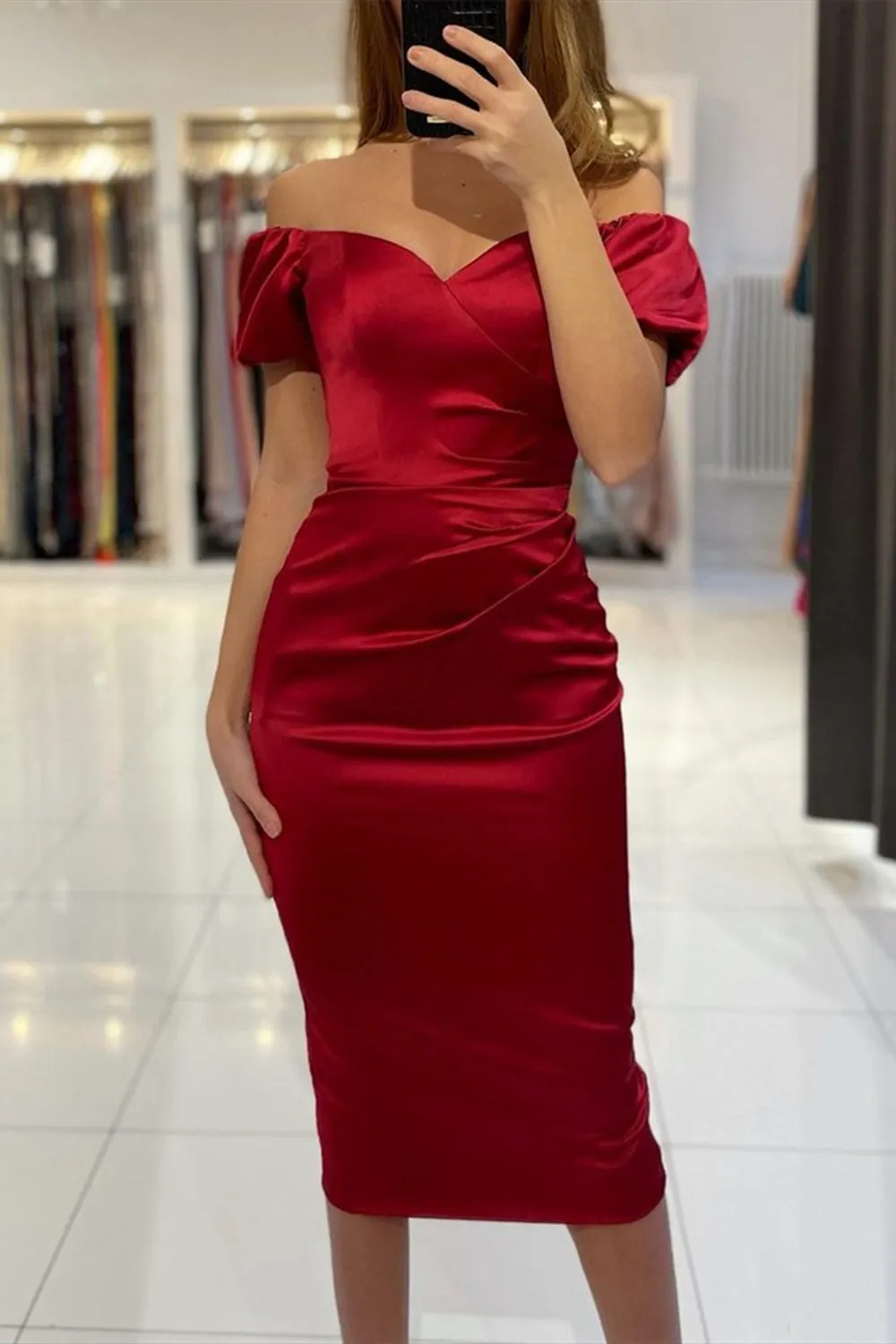 Off the Shoulder Mermaid Tea Length Burgundy Prom Dress, Off Shoulder Wine Red Formal Evening Homecoming Dress