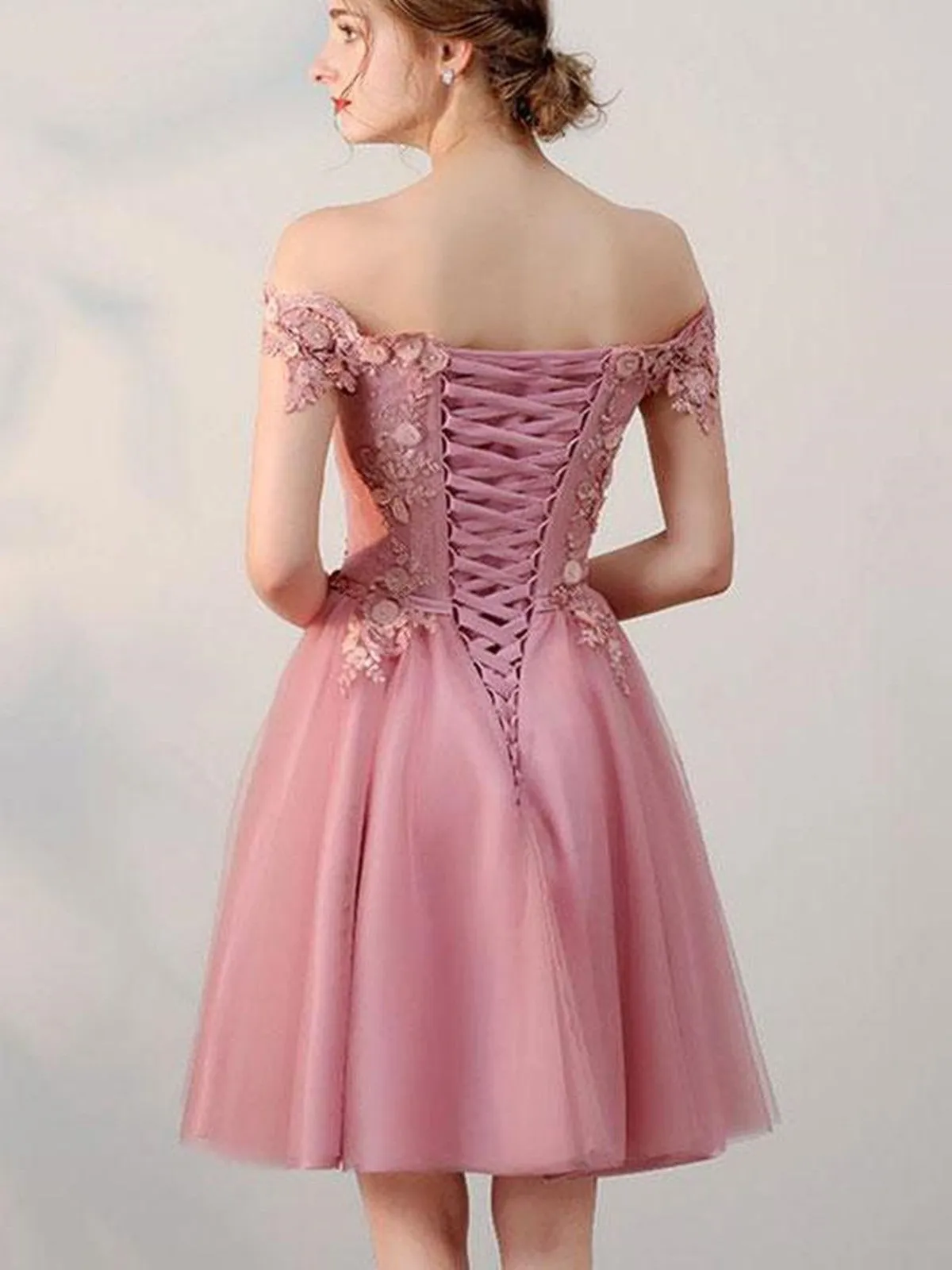 Off-the-shoulder Pink tulle lace short prom dress, pink tulle lace graduation homecoming dress