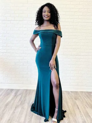 Off the Shoulder Turquoise Mermaid Long Prom Dress with Slit, Off  Shoulder Turquoise Mermaid Evening Dresses