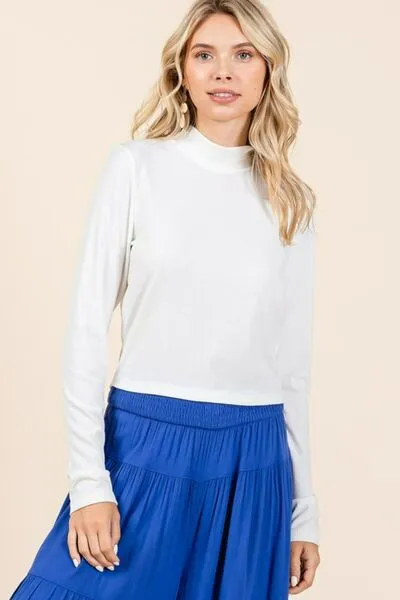 Off White Mock Neck Rib Knit Long Sleeve Crop Top