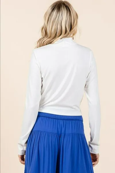 Off White Mock Neck Rib Knit Long Sleeve Crop Top
