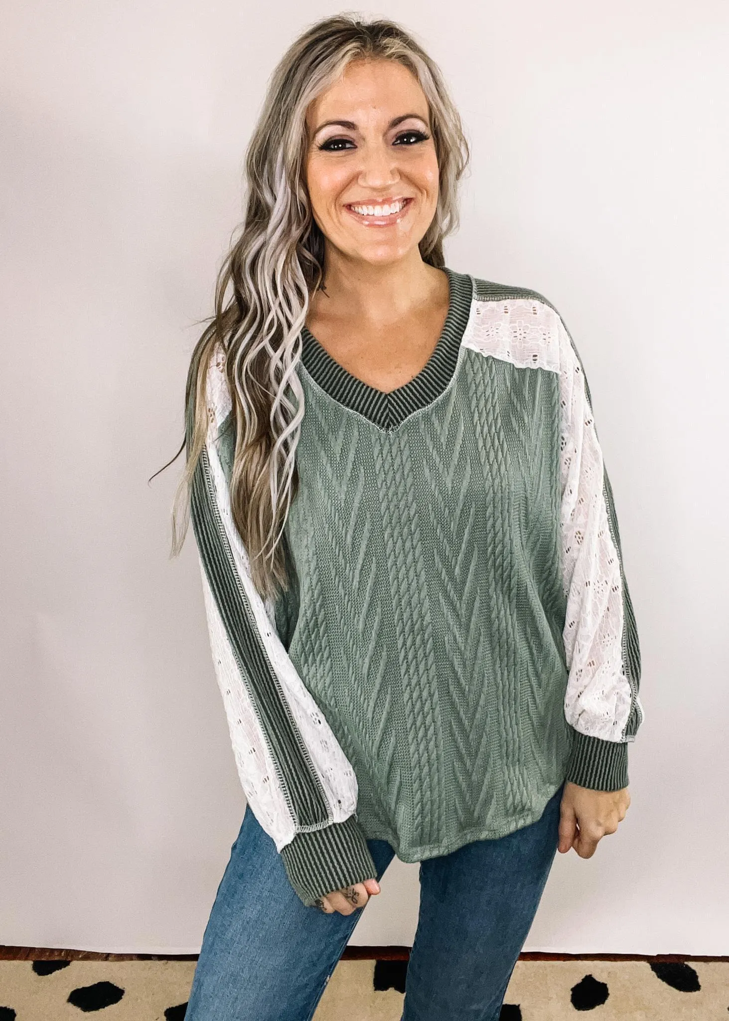 Olive Lace Contrast Long Sleeve Top